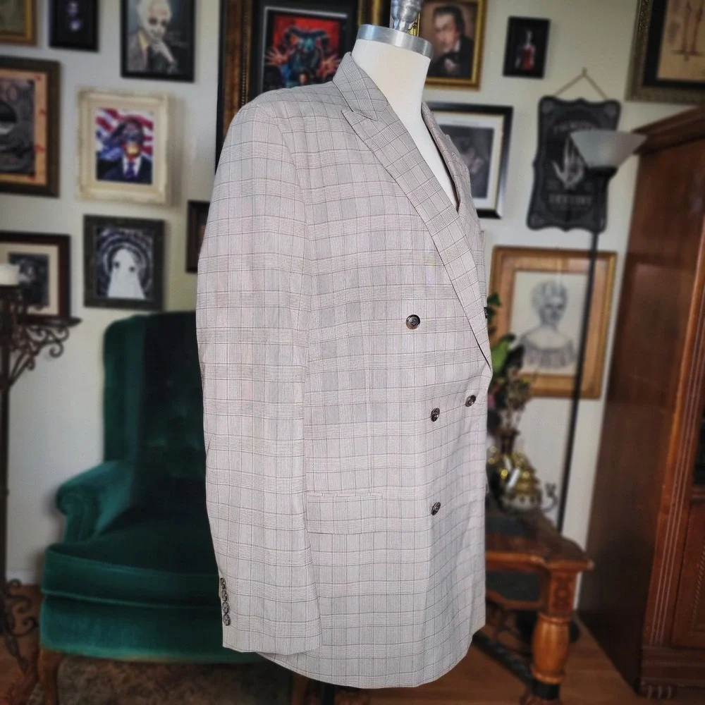 Sean John Gray‎ Blazer Jacket Plaid Double-Breasted Checkered Notched Large